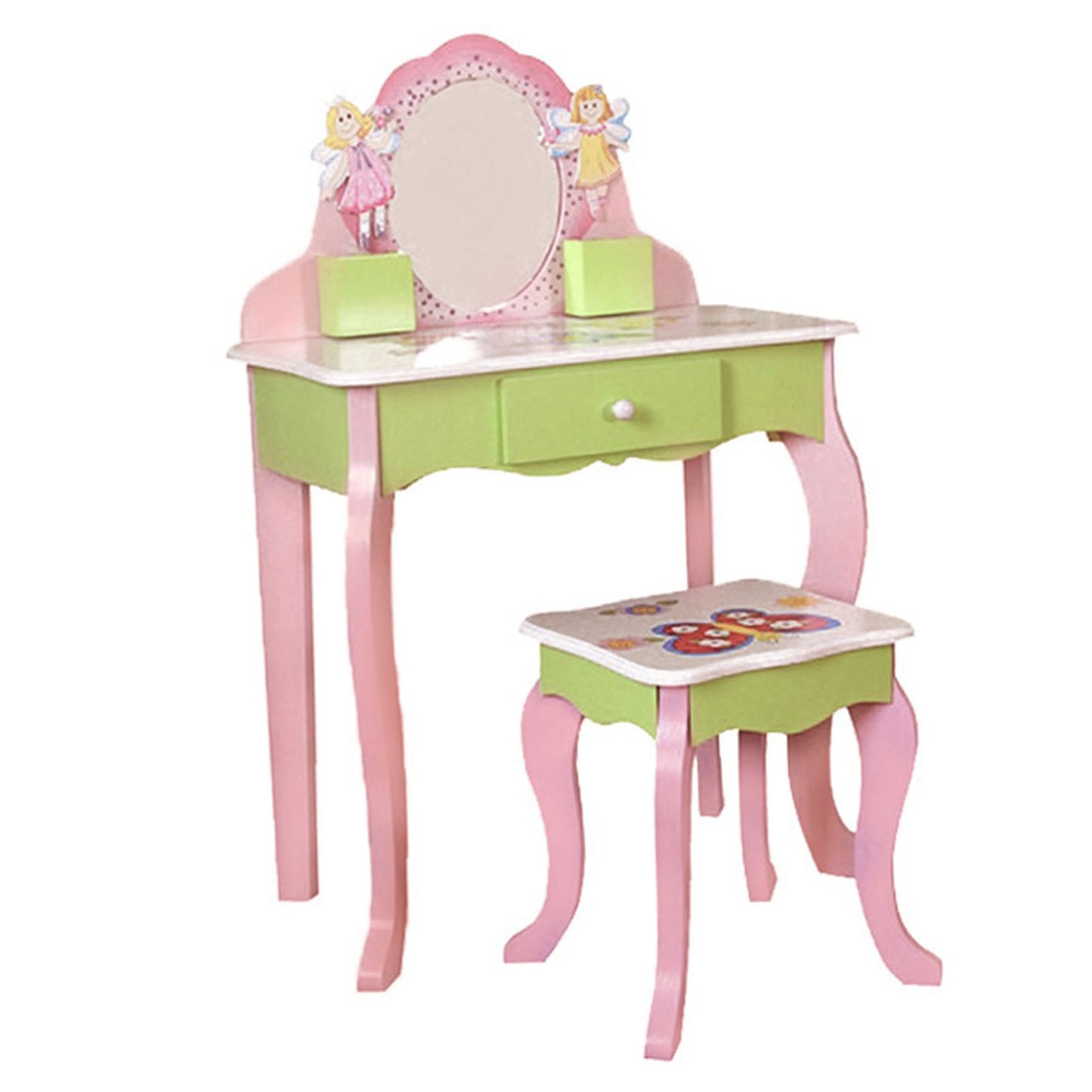 Kids Vanity Set With Mirror Drawer Flower Fairy Design Wooden Toddler Girls Makeup Dressing Table Chair Set For Over 3 Years Kids