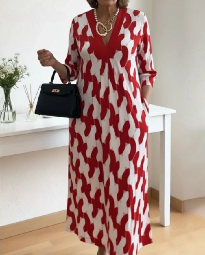 SpringSummer New Womens V-neck Printed Dress
