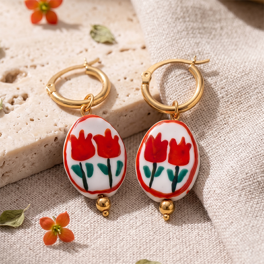 Cottagecore Tulip Ceramic Drop Earrings - 18K Gold Plated Stainless Steel Hoop Earrings - Handpainted Style Flower Charm Jewelry Gift For Women