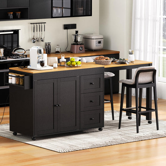K&K 74.8   Kitchen Island With Extendable Dining Table, Kitchen Storage Cart With 3 Drawers, Power Outlet, Rolling Kitchen Island On Wheels With Spice Rack And 2 Door Cabinet, For Kitchen, Black