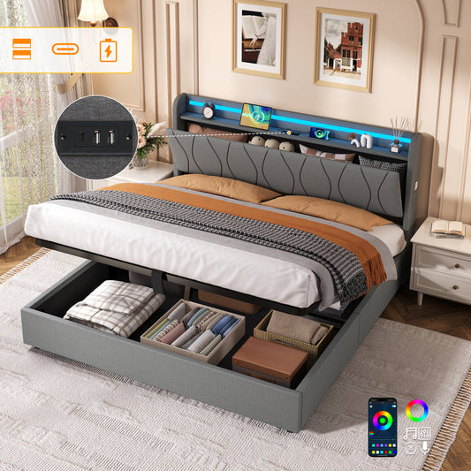 5ft King Upholstered Bed Frame With Hydraulic Storage, LED Headboard With Charging Station And Concealed Headboard Storage, USB And Type - C Ports, Linen, No Box Spring Needed, Grey  No Mattress
