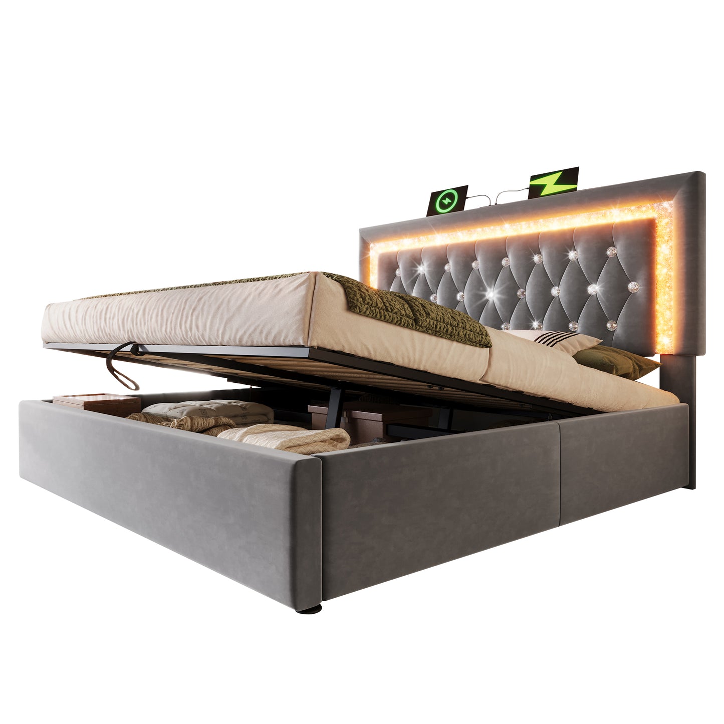 Upholstered Bed 140x200 Cm Velvet Double Bed With LED Diamond Stripes In The Headboard, USB & Type-C Charging Station, Hydraulic Storage Space, Youth Bed With Slatted Frame, Modern Functional Bed, Gre