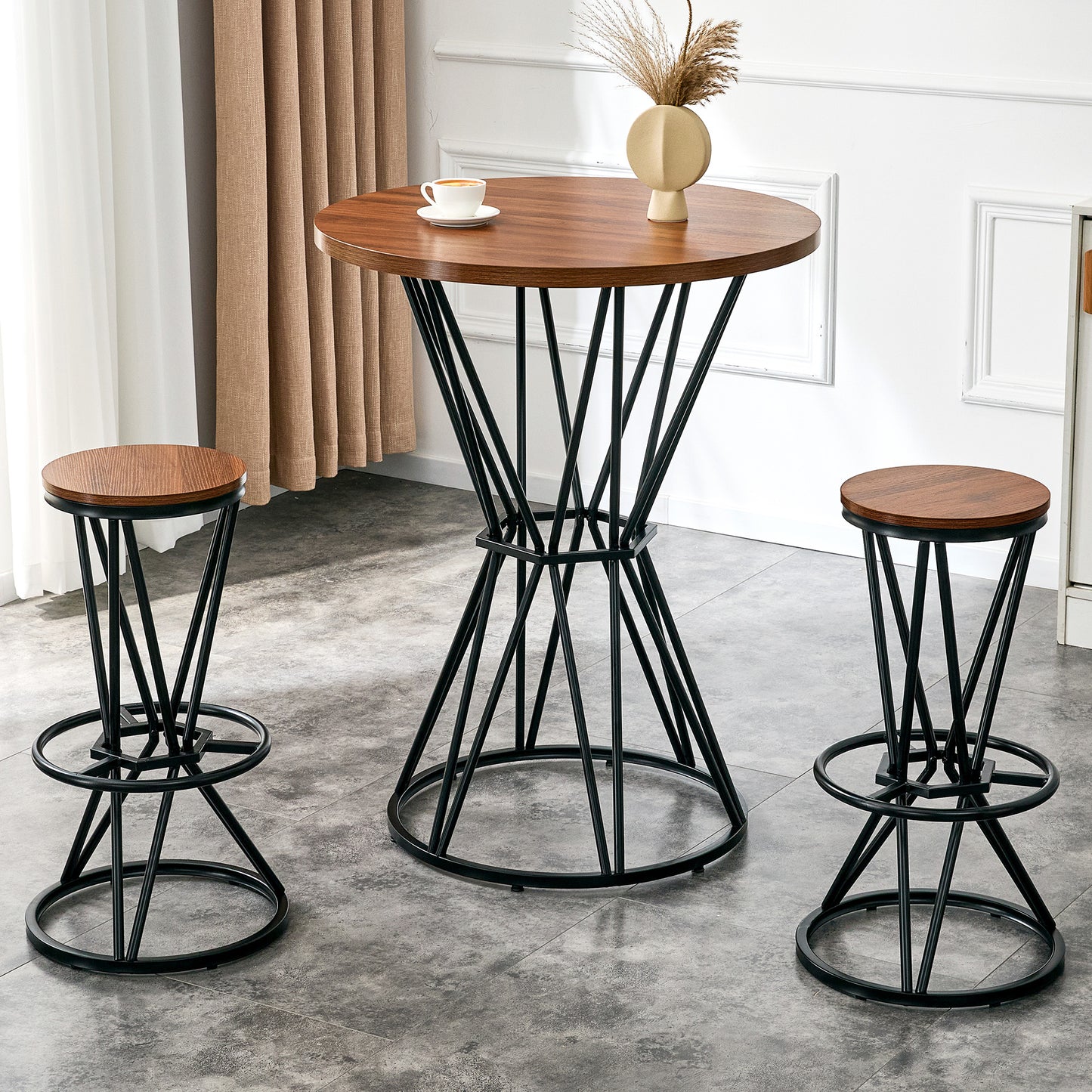 Single Package Bar, Table, Chair Set.31.5-inch Walnut Wood Grain MDF Tabletop With Black Metal Frame, Industrial Style Bar Counter Combination,suitable For Kitchen Island Countertops,seating 2 People.