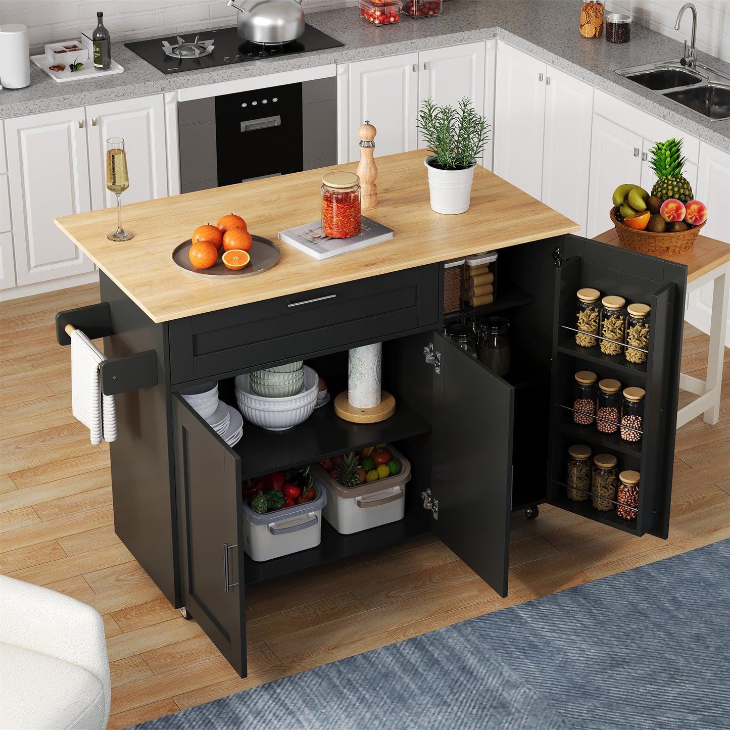 L132.5xW44-70xH90cm Large Mobile Kitchen Table, Foldable Countertop, Oak Grain, Multifunctional Cabinet, Spice Rack, Towel Rack, 5 Wheels, Suitable For Kitchen Dining Home
