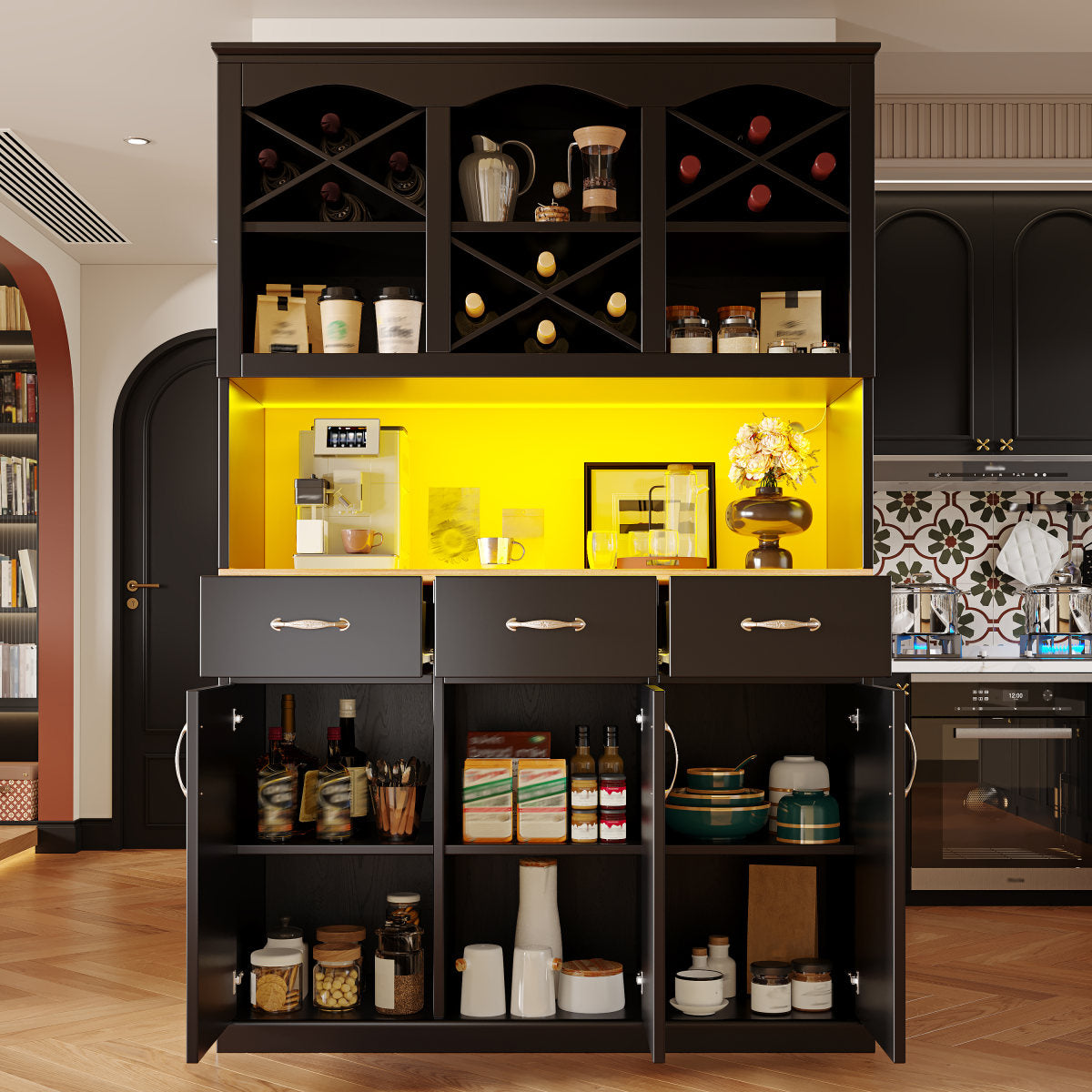 Kitchen Cabinet  120 X40 X 180 Cm Tall Kitchen Buffet, Multi Purpose Buffet, Snack Cabinet, Storage Furniture With Three Doors, Three Drawers And LED Lighting, Black