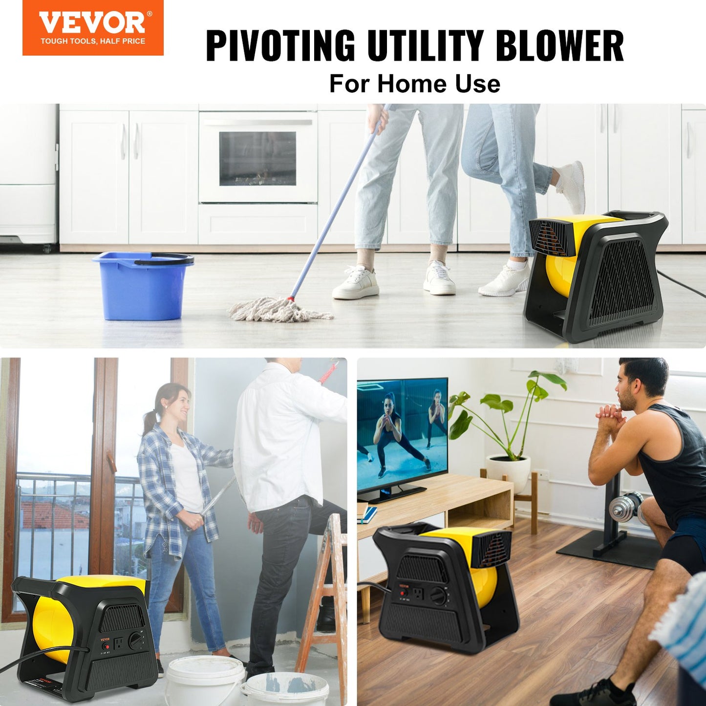 Pivoting Utility Fan, 600 CFM High Velocity Floor Blower For Drying, Cooling, Ventilating, Exhausting, 300° Blowing Angle Air Mover, Portable Carpet Dryer Fan For Home, Work Shop