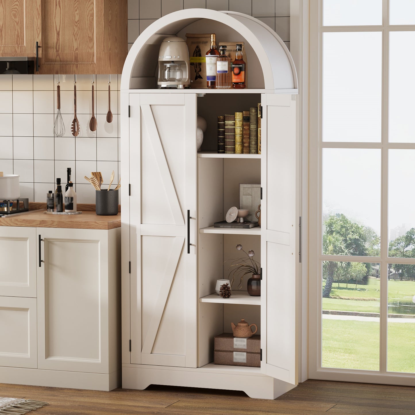 170x70x35cm High, Arched Cabinet, Kitchen Cabinet, Display Case, Wine Cabinet, With Storage Above The Door And Open Top Part, Suitable For Kitchen, Dining Room, Living Room And Bedroom White