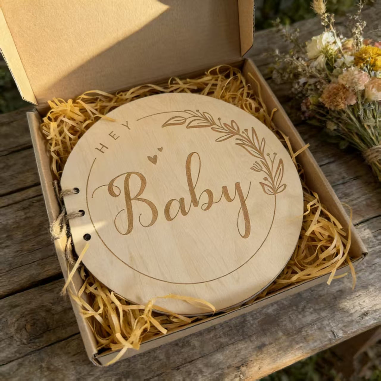 Gender Neutral Infant Keepsake Album, Laser Carved Round Wooden Baby Memory Book For New Parents Gift