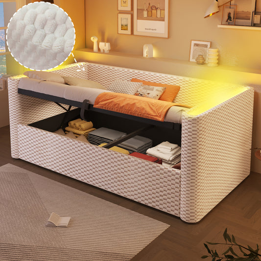 Daybed, Daybed, Sofa Bed, 90 X 200 Cm, With LED Lighting, With Hydraulic Storage Mechanism, Slatted Base  Without Mattress , Velvet, Beige