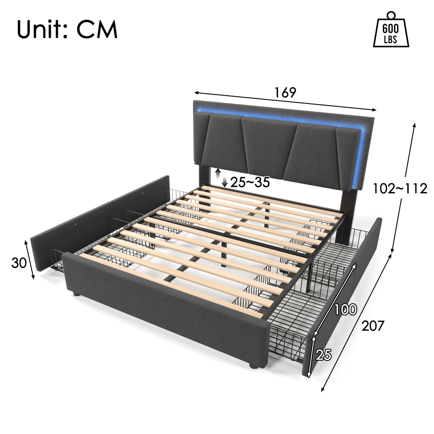 808182AAG Upholstered Bed With LED Lighting And 4 Drawers,Height-adjustable Headboard,Double Bed 160x200cm Storage Beds Bed Frame, Wooden Slatted Base, Grey  Without Mattress