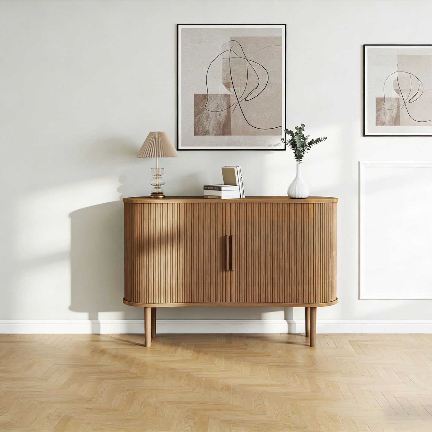 55in Storage Sideboard Modern Fluted Buffet Cabinet With Sliding Door And Solid Wood Legs For Kitchen Living Room Bedroom