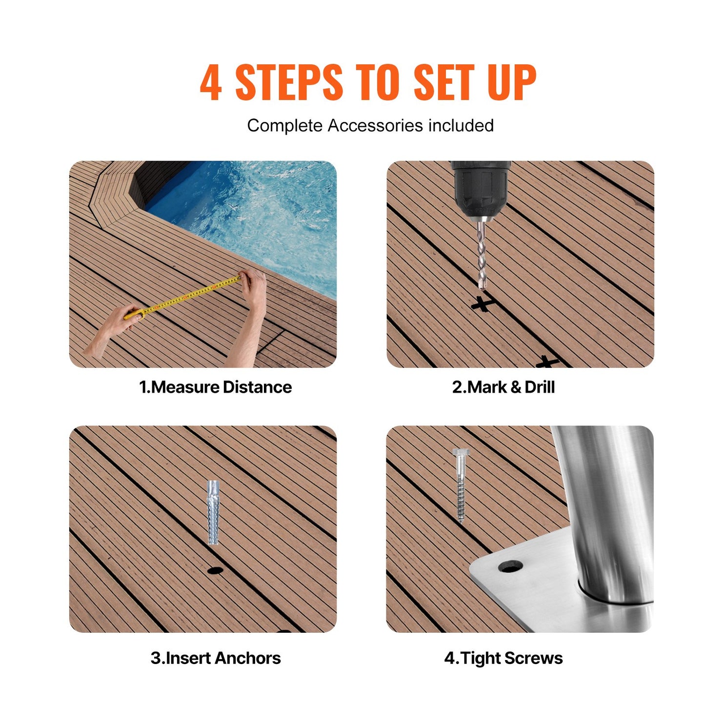 Pool Handrail, 39 X 32 Inch Railing, Stainless Steel With Base Plate For Indoor/Outdoor Pools, Safety Railing For Decks, Rust-Proof Grab Bar W/Grip Cover & Accessories For Spas