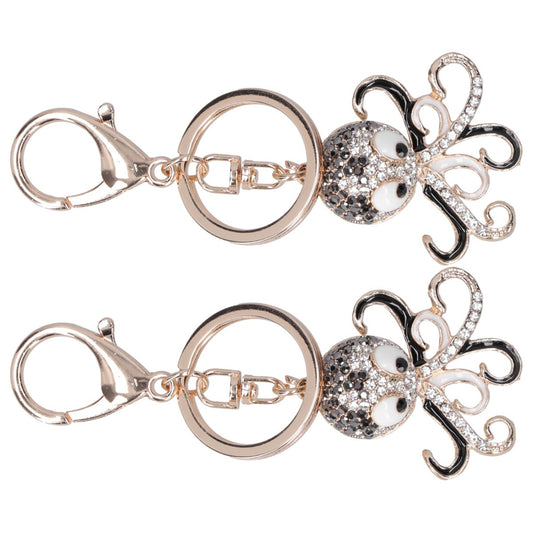 2PCS Fashion Octopus Shaped Rhinestones Keychain Key Ring Bag Charm Pendant Gift(Black Black )