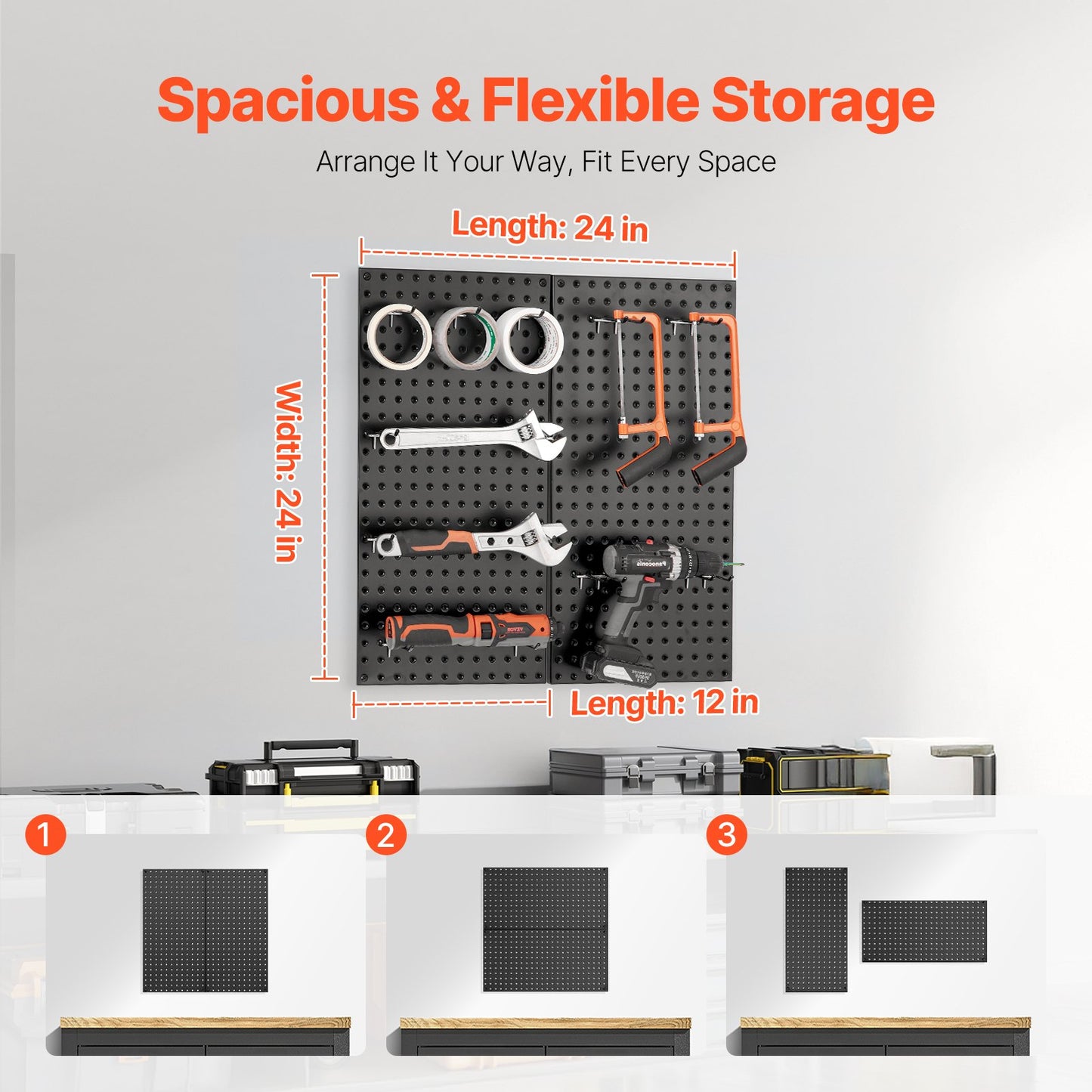 Metal Pegboard Panels, 24" X 12" Pegboard, 2 Panels, Heavy Duty Peg Board Wall Organizer With Accessories, For Living Room Garage Tool Storage Office Organization Craft Room Kitchen Home, Black