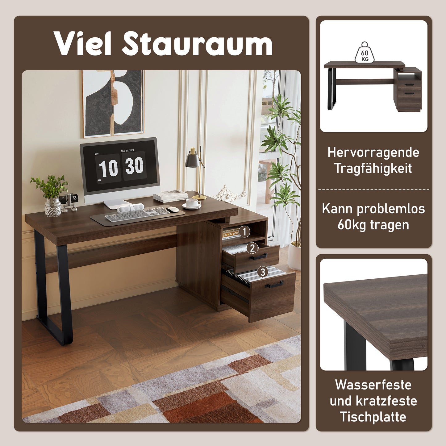 135x54cm Modern Minimalist Style Desk, MDF Desk Top With High Quality Steel Tube, Super Resilient, Multifunctional Storage Design, Noiseless Drawer, Folder Locker