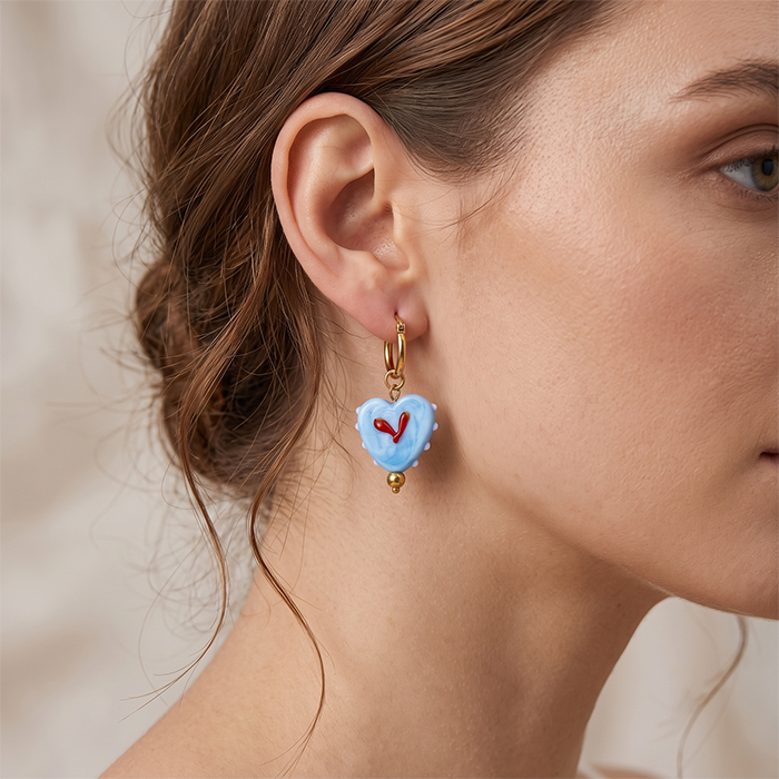 Y2K Light Blue Ceramic Heart Drop Earrings - 18K Gold Plated Stainless Steel Hoop Earrings - Cute Romantic Glazed Porcelain Jewelry Gift For Women
