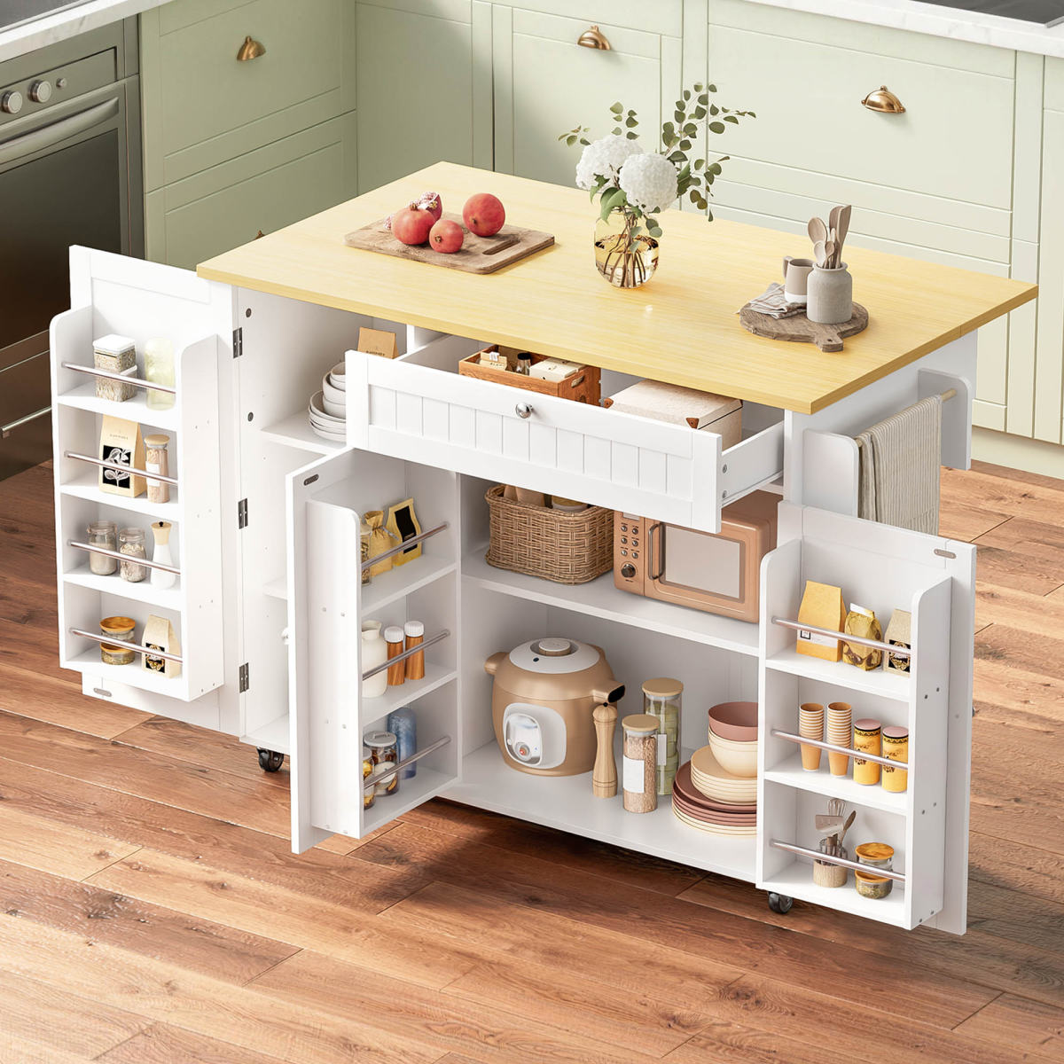 Mobile Kitchen Island With Folding Worktop, Kitchen Trolley, Bar Table, With Drawer And Storage Cabinet, 3 Door Shelves, 120 X 45  X92 Cm