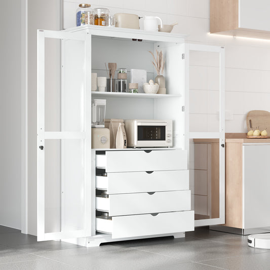 TOPMAx 44.7x20x75inch Kitchen Pantry  Freestanding Kitchen Storage Cabinet Display Cabinet With Glass Doors And 4 Built- In Drawers For Living Room  Home Office  White