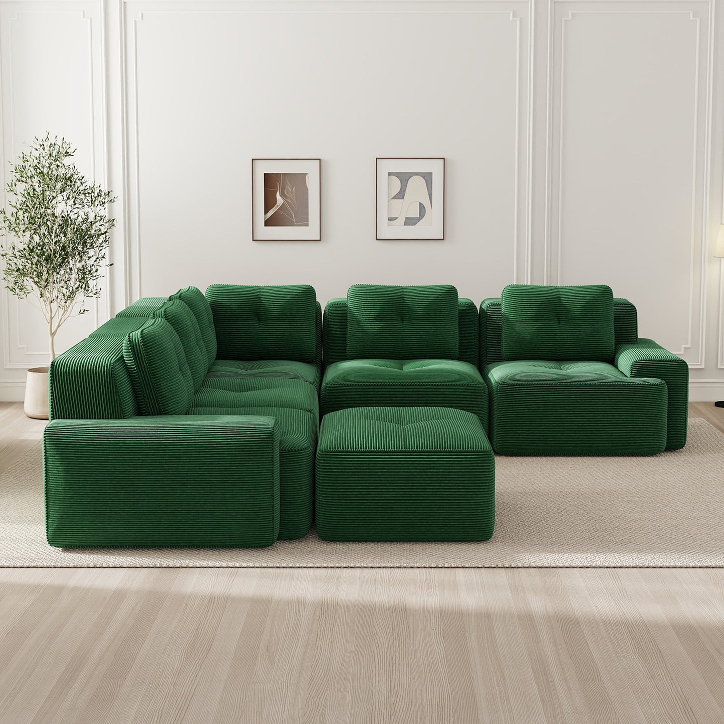 Frameless Sofa For Living Room, Office Sofa, Modular Combination Sofa With Ottoman, Comfortable Upholstered Low Seat Sofa In Corduroy, No Assembly Required, Non-slip Design, Green