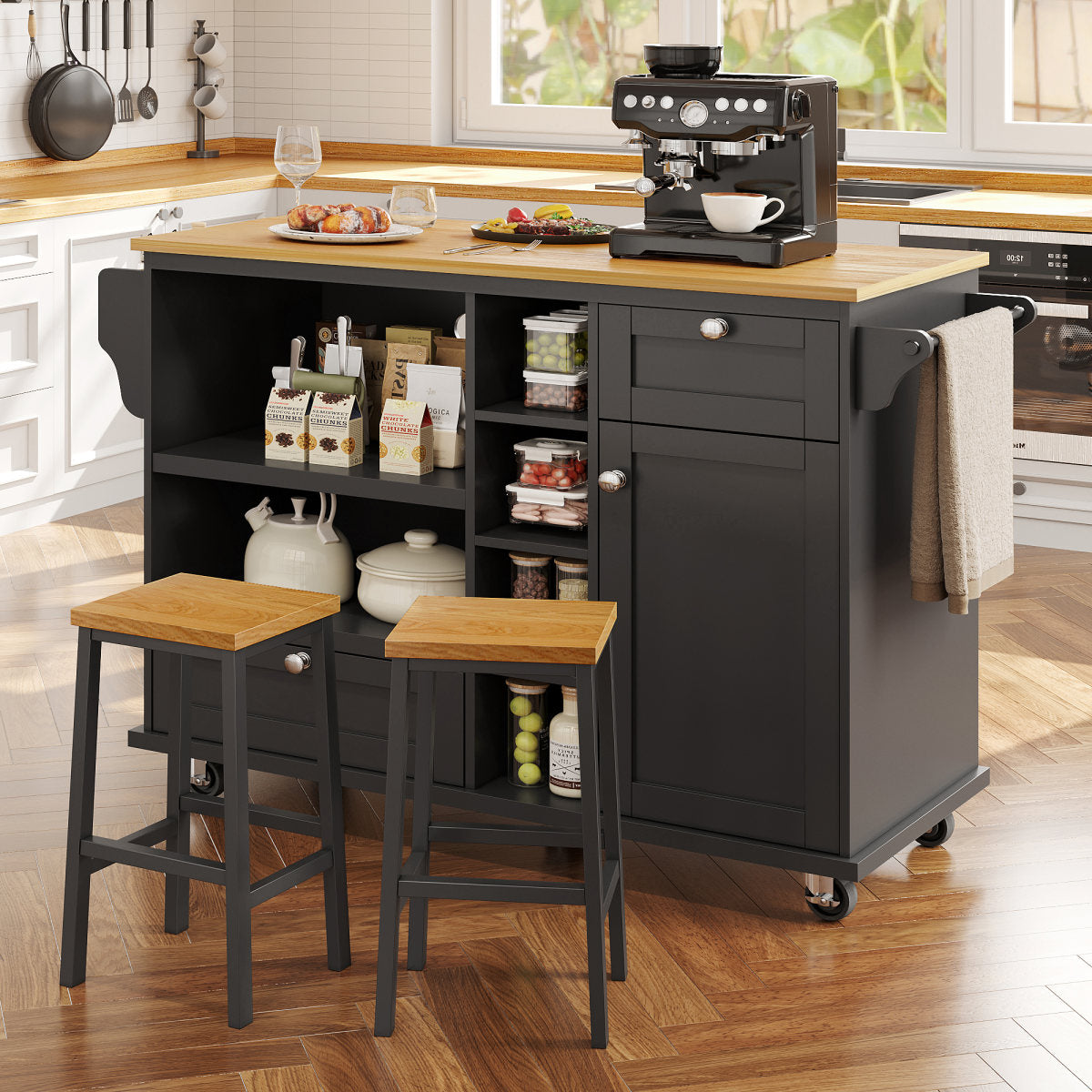 Dining Trolley 129 X 46 X 92 Cm, Modern And Simple Black Mobile Kitchen Dining Trolley With Drawers And Storage Cupboards, Light Brown Wooden Worktop, Suitable For Modern Families, Black