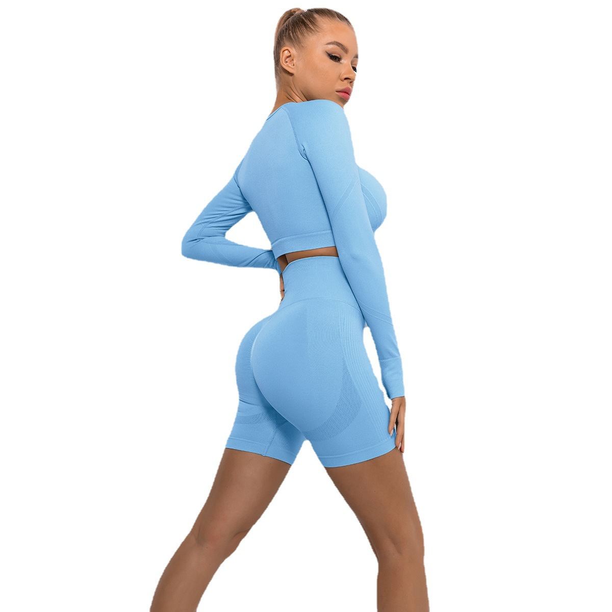 Women's Fashion Seamless Solid Color Pleated Long Sleeve Shorts Yoga Clothes Suit
