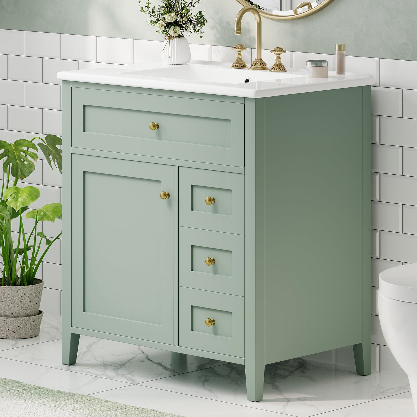 30-Inch Green Bathroom Vanity With Sink, Modern MDF And Rubberwood Cabinet With 3 Drawers And Adjustable Shelf, Freestanding Vanity For Bathroom Storage And Organization Left Door