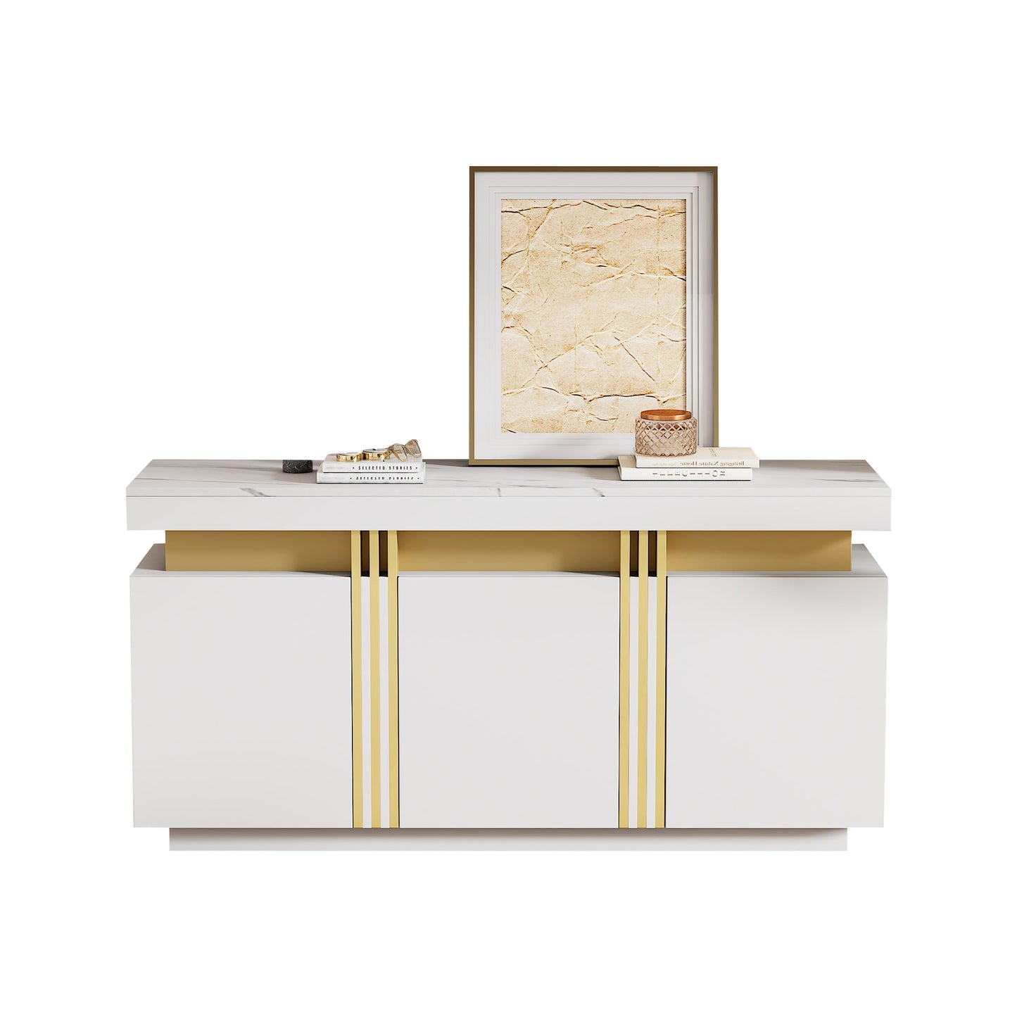 Modern White & Gold Buffet Cabinet, 55'' Sideboard With Faux Marble Top, Luxury Storage Credenza With 3 Doors & Adjustable Shelves For Kitchen, Dining Room, Living Room, Entryway
