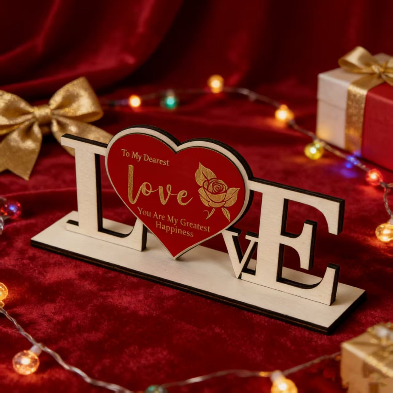 Personalized LOVE Wooden Sign With Rose Engraving,English&German Heart Table Decor,Valentine Anniversary Gift For Couple