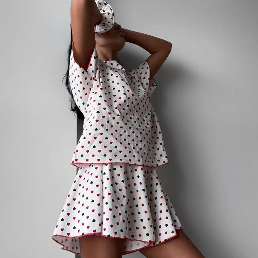 Loose-fitting Casual Home Wear Short-Sleeve Top And Shorts Set With Hair Tie 3 Pieces