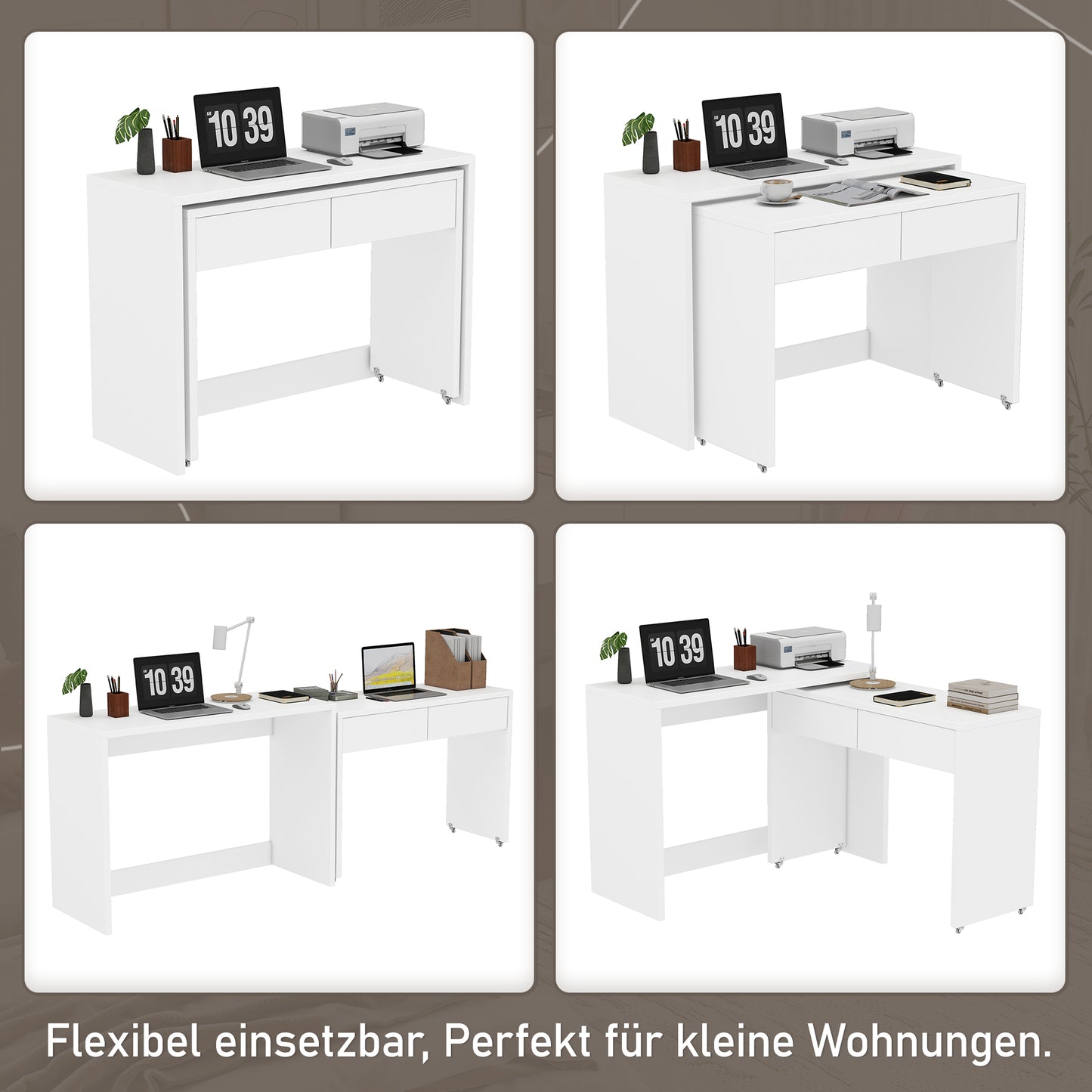 Shelf Desk  Chest Of Drawers 2-in-1 Compact Desk, Extendable, The Entire Table Is Made Of 1.8 Cm Thick Wood, Equipped With Castors, Can Be Flexibly Combined, Foldable Desk