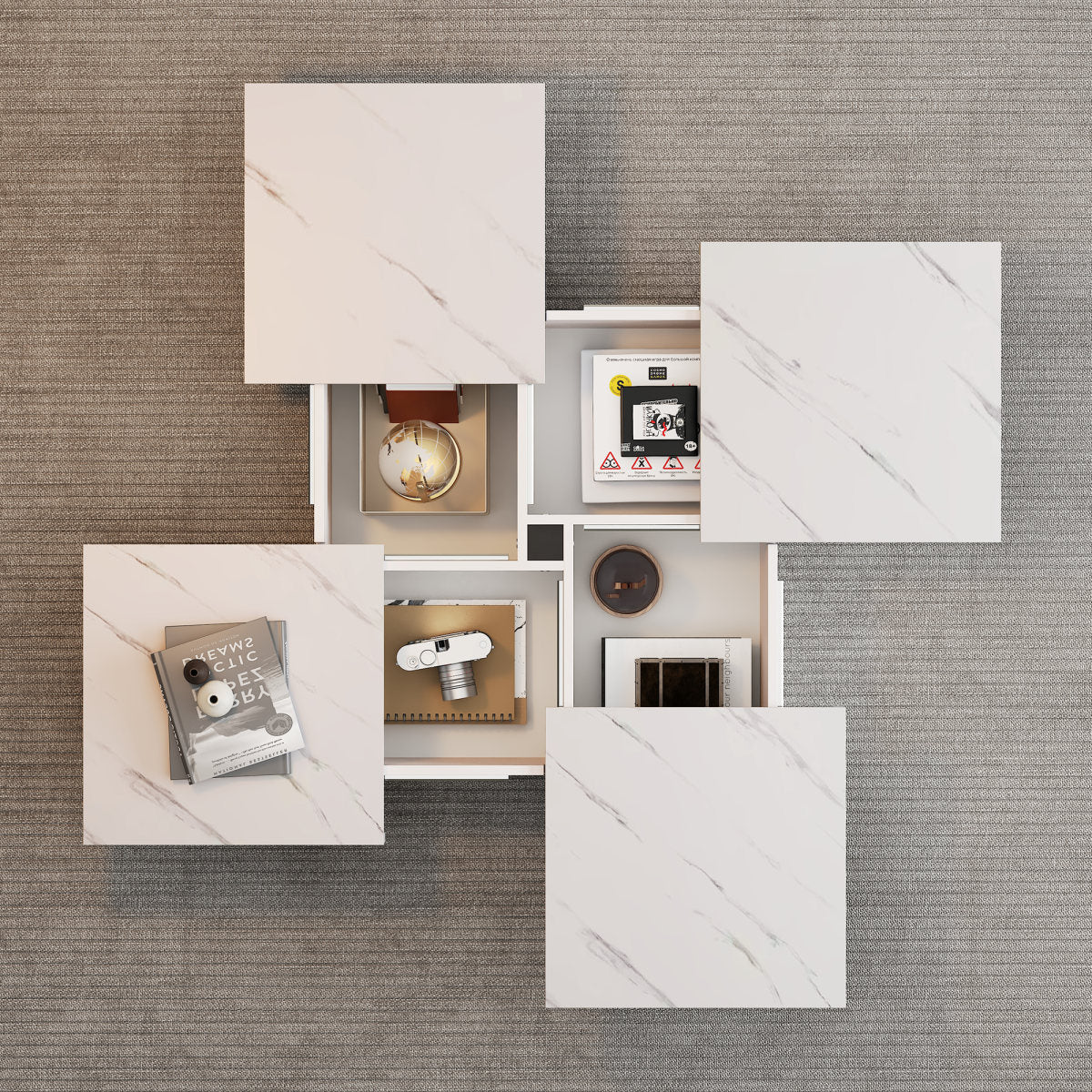 Modern White Square Coffee Table With Marble Effect, 90 X 90 X 25 Cm  Four Drawers, Sliding Table Top, Loadable Up To 30 Kg