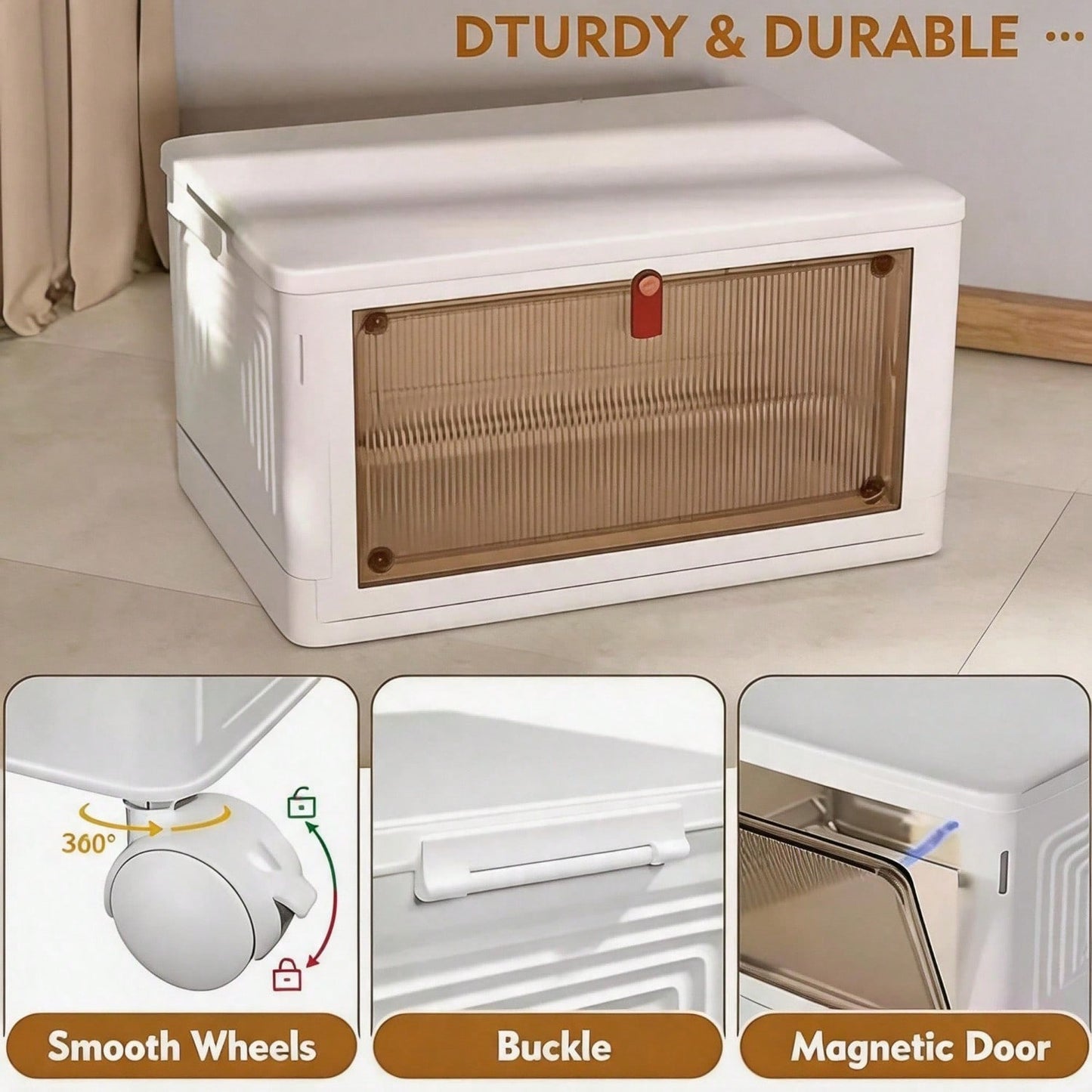 Foldable Stackable Pet Supplies Storage Bin With Wheels, Magnetic Door Collapsible Organizer Cabinet For Pet Toys, Food, Grooming Tools, Multi-Purpose Storage For Home, Bedroom, Laundry Room