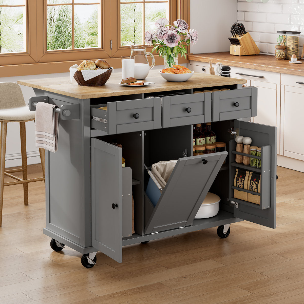 Kitchen Island With Wheels, Pull-Out Dining Area Kitchen Island With Waste Bin Compartment And Drawers, Mobile Kitchen Island Ideal For Kitchen And Dining Room  Grey