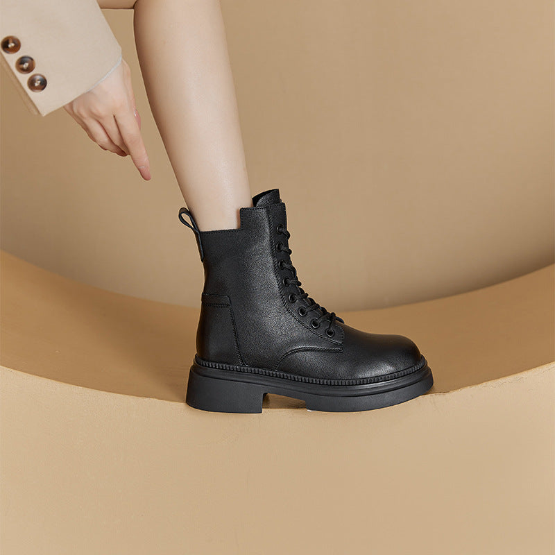 Retro Genuine Leather Martin Boots Women Korean Version Thick Sole