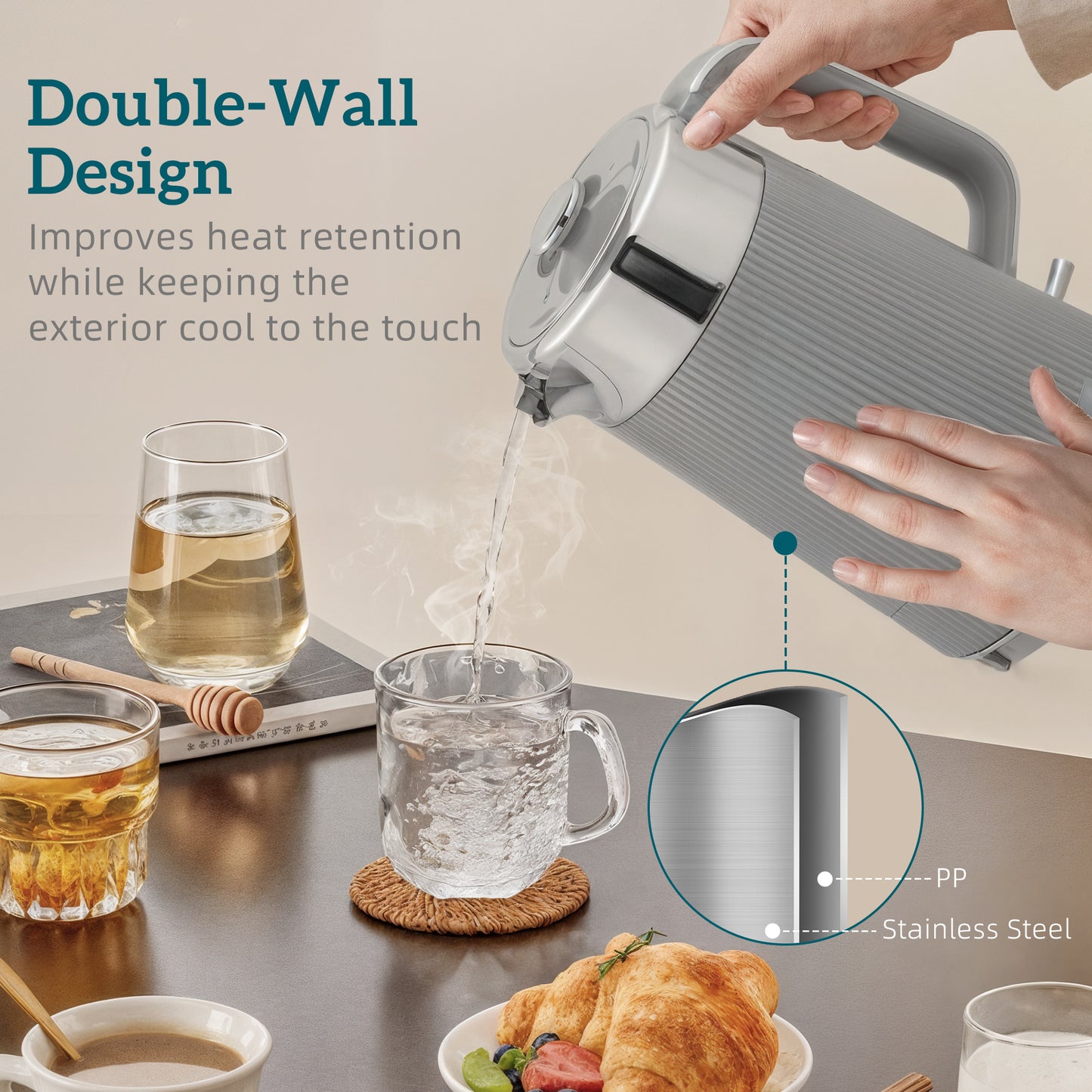 Electric Stainless Steel Kettle And Toaster Set, 3000W 1.7L UK Strix Thermostat Fast Boil Kettle W/ Limescale Filter, Cool Touch Body, 4 Slice Toaster With 7 Browning Levels, Crumb Tray, Taupe