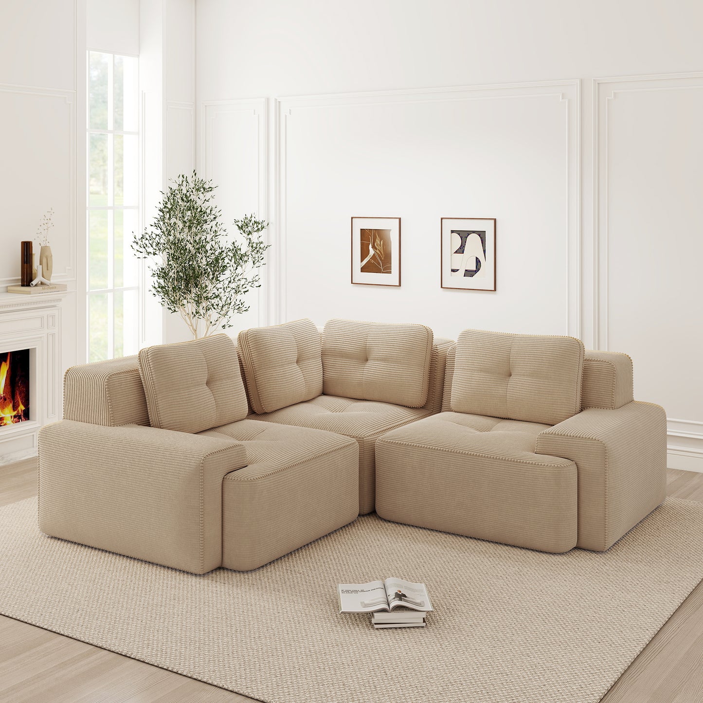 Frameless Sofa For Living Room, Office Sofa, Modular Combination Sofa, Comfortable Upholstered Low Seat Sofa In Corduroy, No Assembly Required, Non-slip Design.Beige