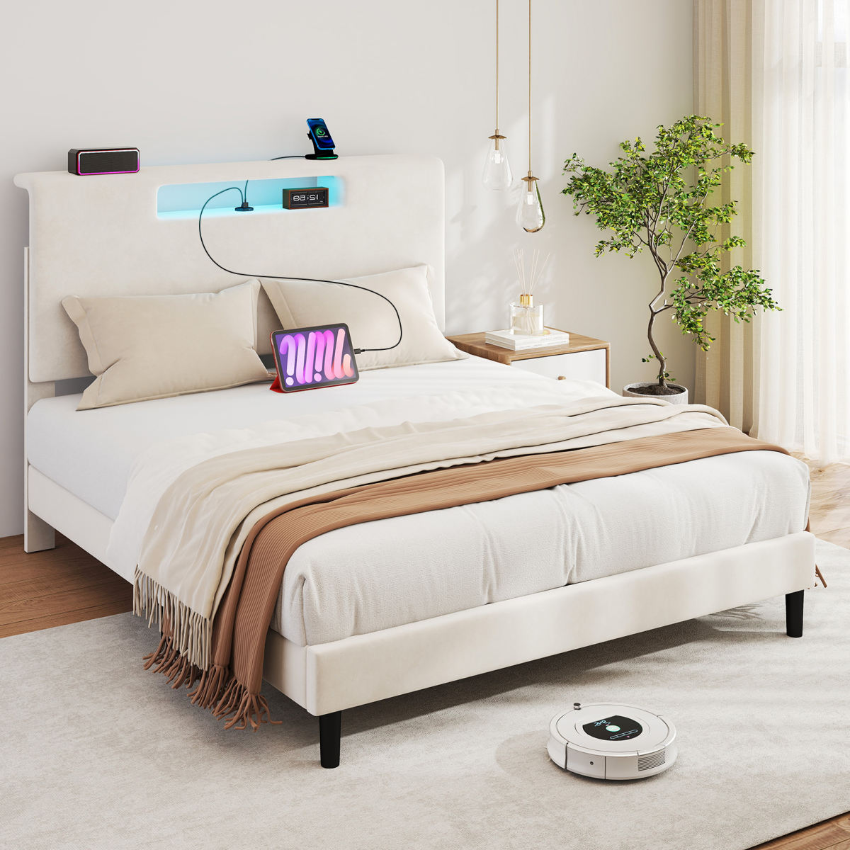 Full Size Upholstered Bed Frame With High Headboard Adjustable LED Lights Charging Port Wood Slat Support Platform Bed Frame With Storage Function No Box Spring Needed Easy Assembly