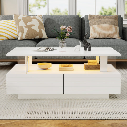 Coffee Table With Open Storage, Centre Table, Sofa Side Table With 2drawers, Rectangle Coffee End Table With LED For Living Room, Office, 100x50x42.5cm, White ,Particleboard  Acrylic