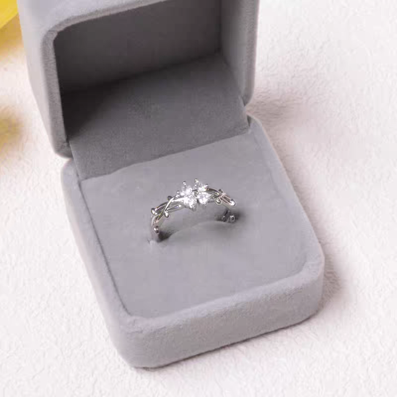 1 Piece 999 Sterling Silver Four-Leaf Clover CZ Ring, Delicate Vine Band Style, For Daily Wear & Valentine's Gifts