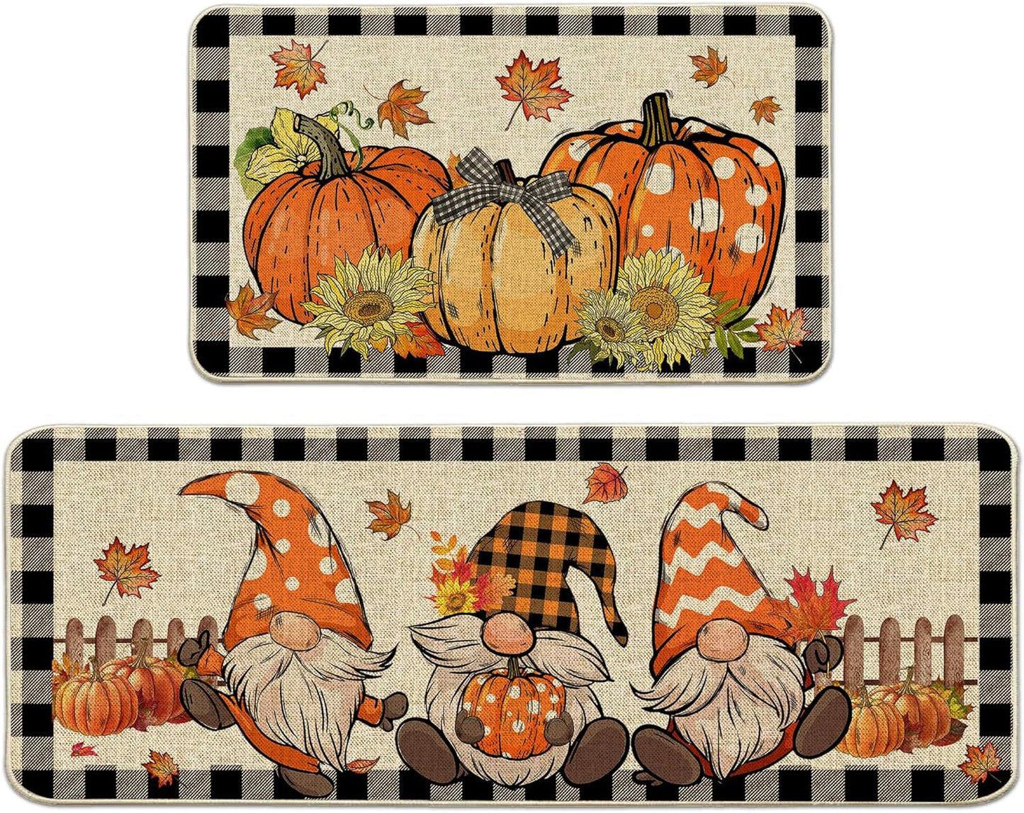 2Piece Anti Fatigue Kitchen Mat Seasonal Fall Holiday Party Vintage Farmhouse Kitchen Rug Runner Set For Home Office Non Slip Waterproof Heavy Duty Comfort Standing Mats
