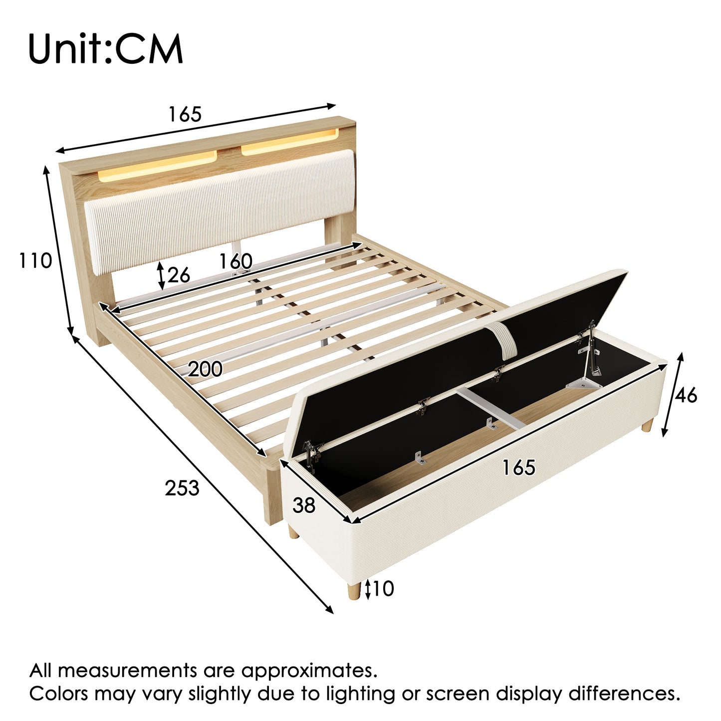 Double Bed Wooden Bed 160x200cm With Bed Bench, Headboard With Storage Space, LED Lighting And Beige Corduroy Upholstered Backrest, Including Bed Bench With Storage Space, Light Oak  Without Mattress