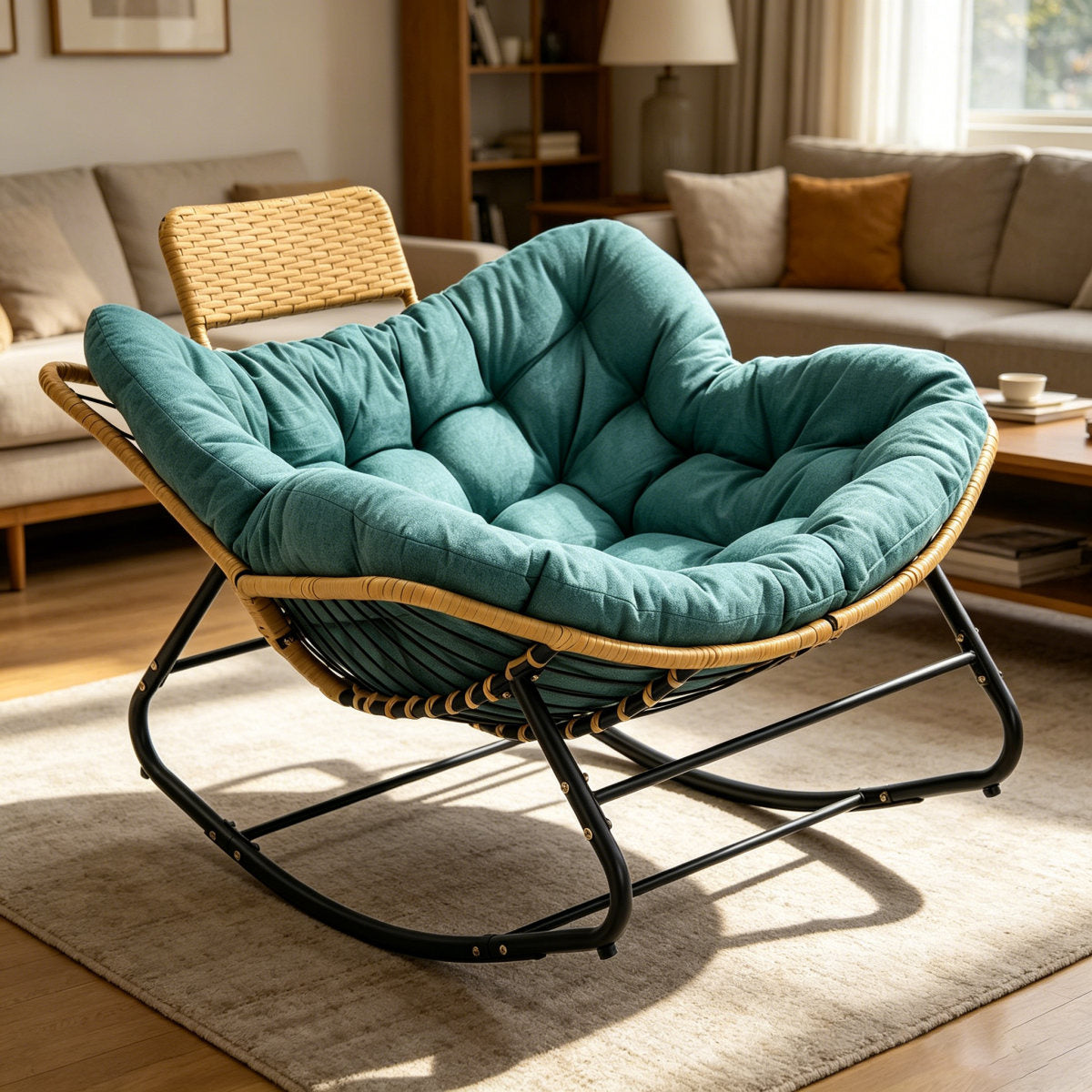 39.37"Papasan Rocking Chair Outdoor, Oversized Patio Egg Chair with Thick Cushion,Outdoor Rocking Chair With Handwoven Rattan Head Pillow,Indoor Wicker Lounge Rocker Bed for Balcony, Porch, Green