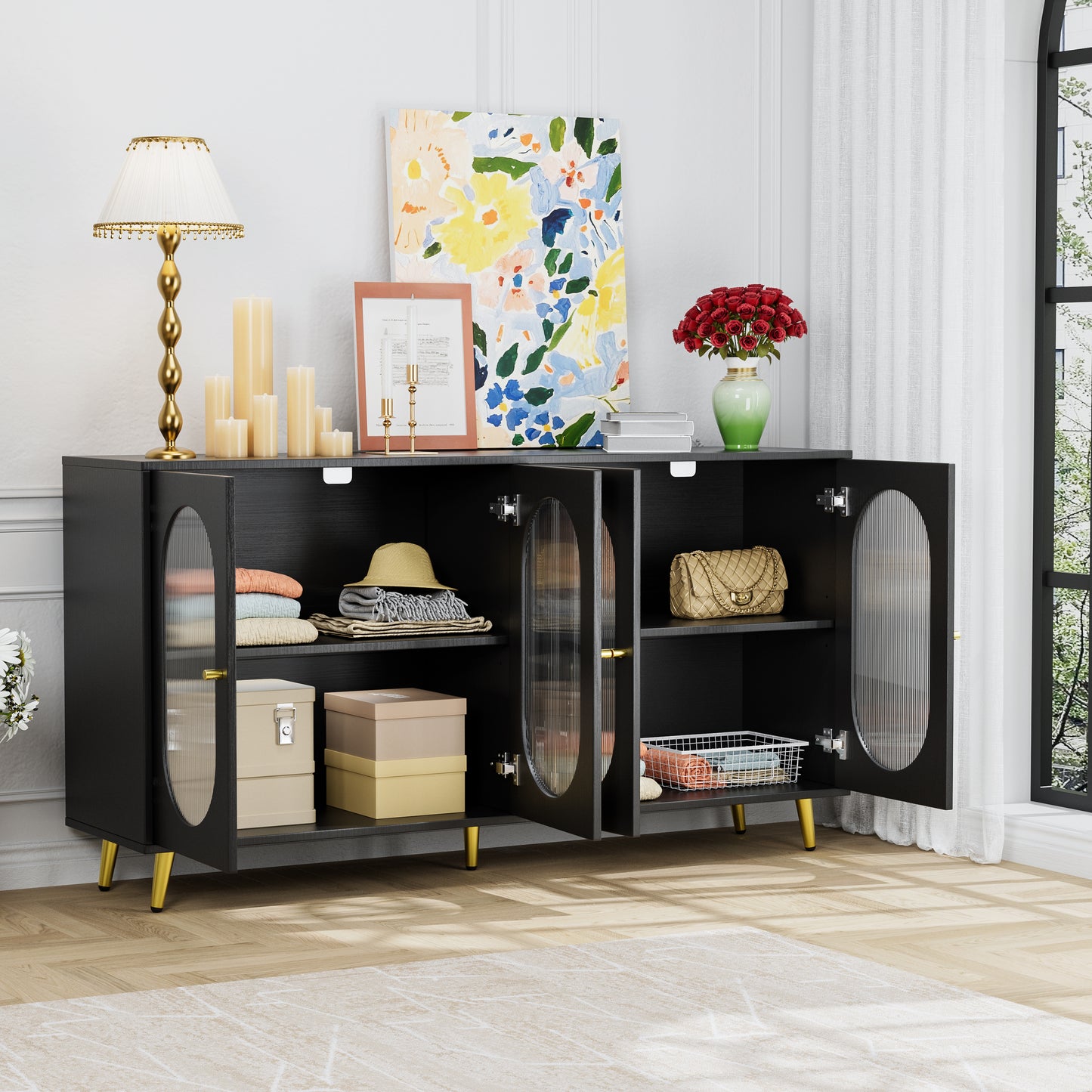 Modern Accent Sideboard Cabinet With Acrylic Doors, Freestanding Storage Cupboard Console Table For Kitchen Dining Living Room Hallway Office, Black
