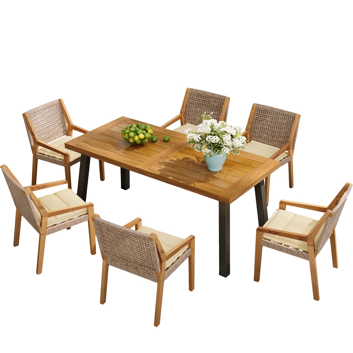 Outdoor Dining Set -Premium Acacia Wood Della Table & Wicker Chairs With Cream Cushion For Comfortable Dining Experience,Suitable For Large Gatherings 1 Table   6 Chairs