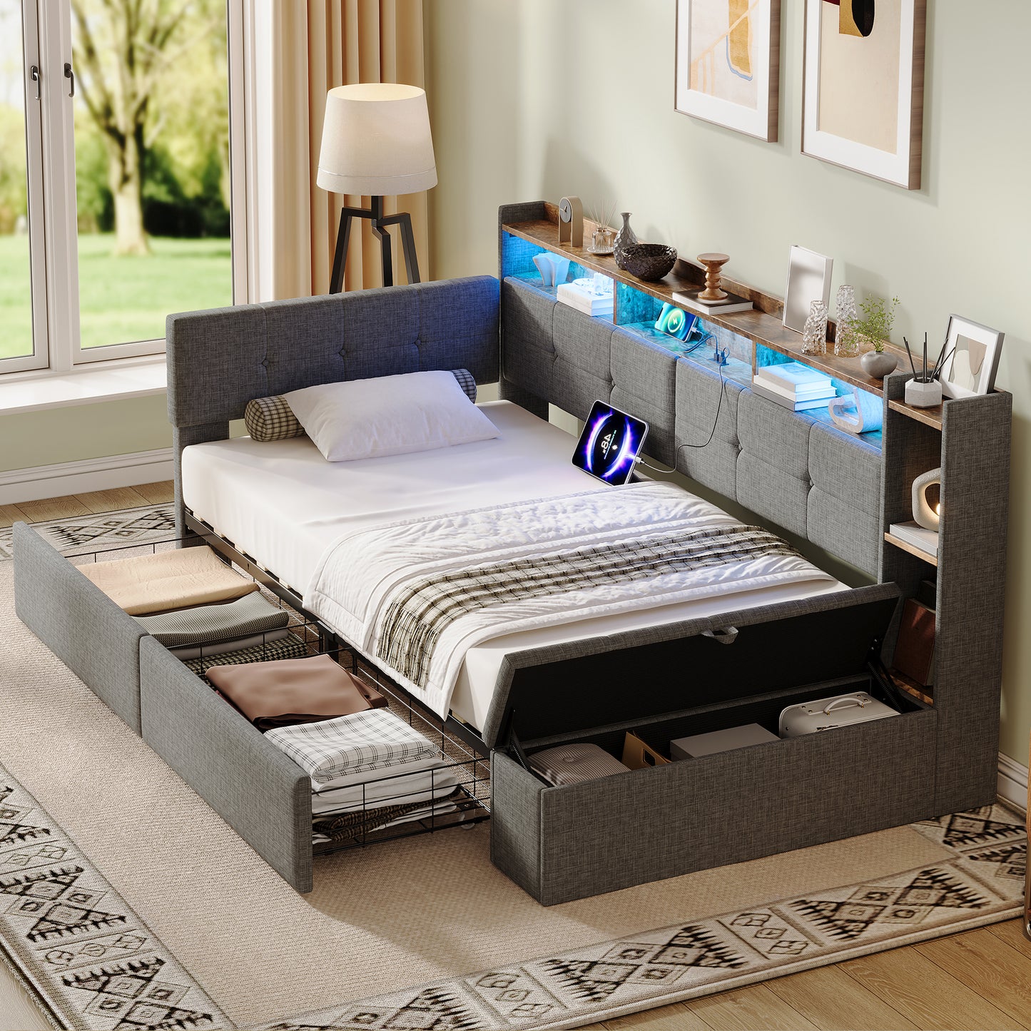 3ft Single LED Daybed With Storage Drawers And Bed End Ottoman Storage, Modern Linen Sofa Bed With Charging Station For Living Room Bedroom Study Room, 90X190cm, Grey  No Mattress