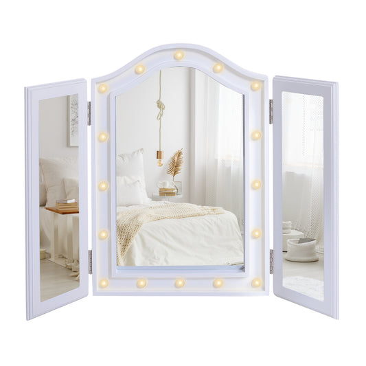 Trifold Tabletop Mirror, 73x53.5cm Makeup Mirror Large Cosmetic W/16 LED Lights Powered By Batteries, Foldable For Bedroom, White