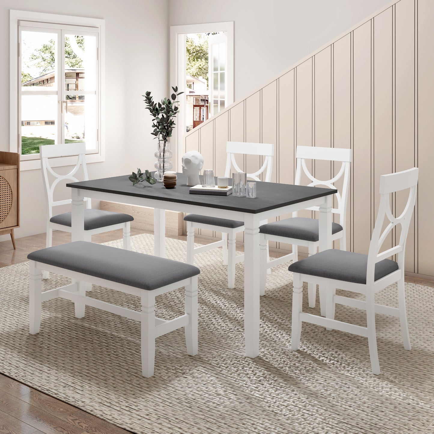 TOPMAx 6- Piece Wood Dining Table Set Kitchen Table Set With Upholstered Bench And 4 Dining Chairs  Farmhouse Style Gray White