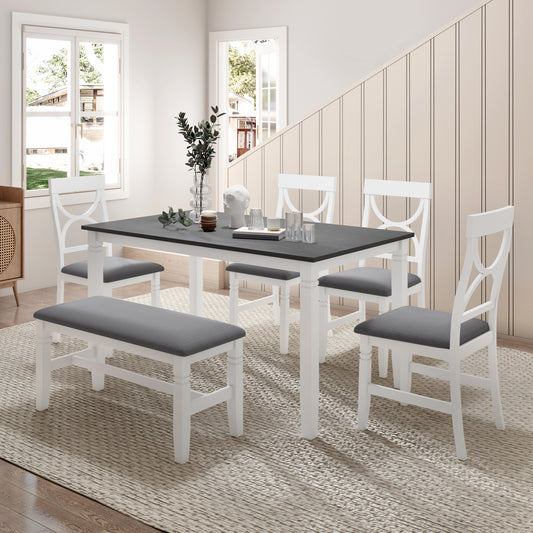 TOPMAx 6- Piece Wood Dining Table Set Kitchen Table Set With Upholstered Bench And 4 Dining Chairs  Farmhouse Style Gray White