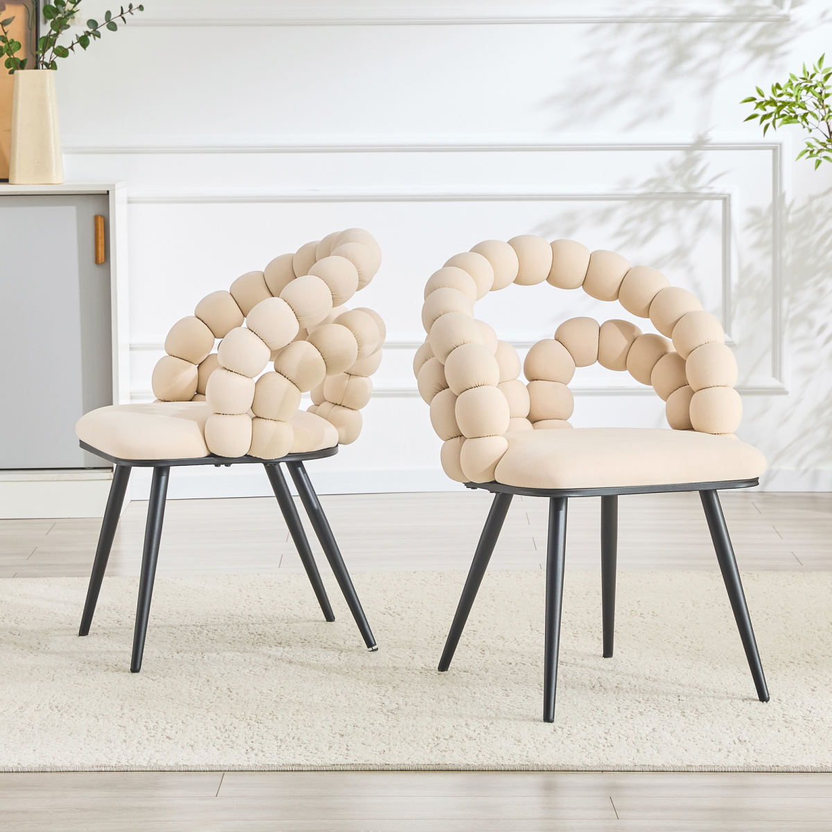 Set Of 2 Beige Velvet Bubble Dining Chairs,Modern Velvet Pebble Accent Side Chair With Curved Bubble Backrest & Black Metal Legs, Luxury Vanity Desk Chair For Kitchen Dining Room Bedroom Living Room