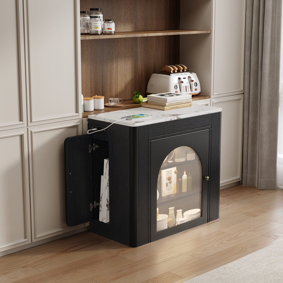 Kitchen Island With Wheels, Extendable Dining Table With Removable Table Top, Mobile Serving Trolley With Power Strips, Serves As A Sideboard, Sideboard Or Bar Table For Kitchen And Dining Room  Black